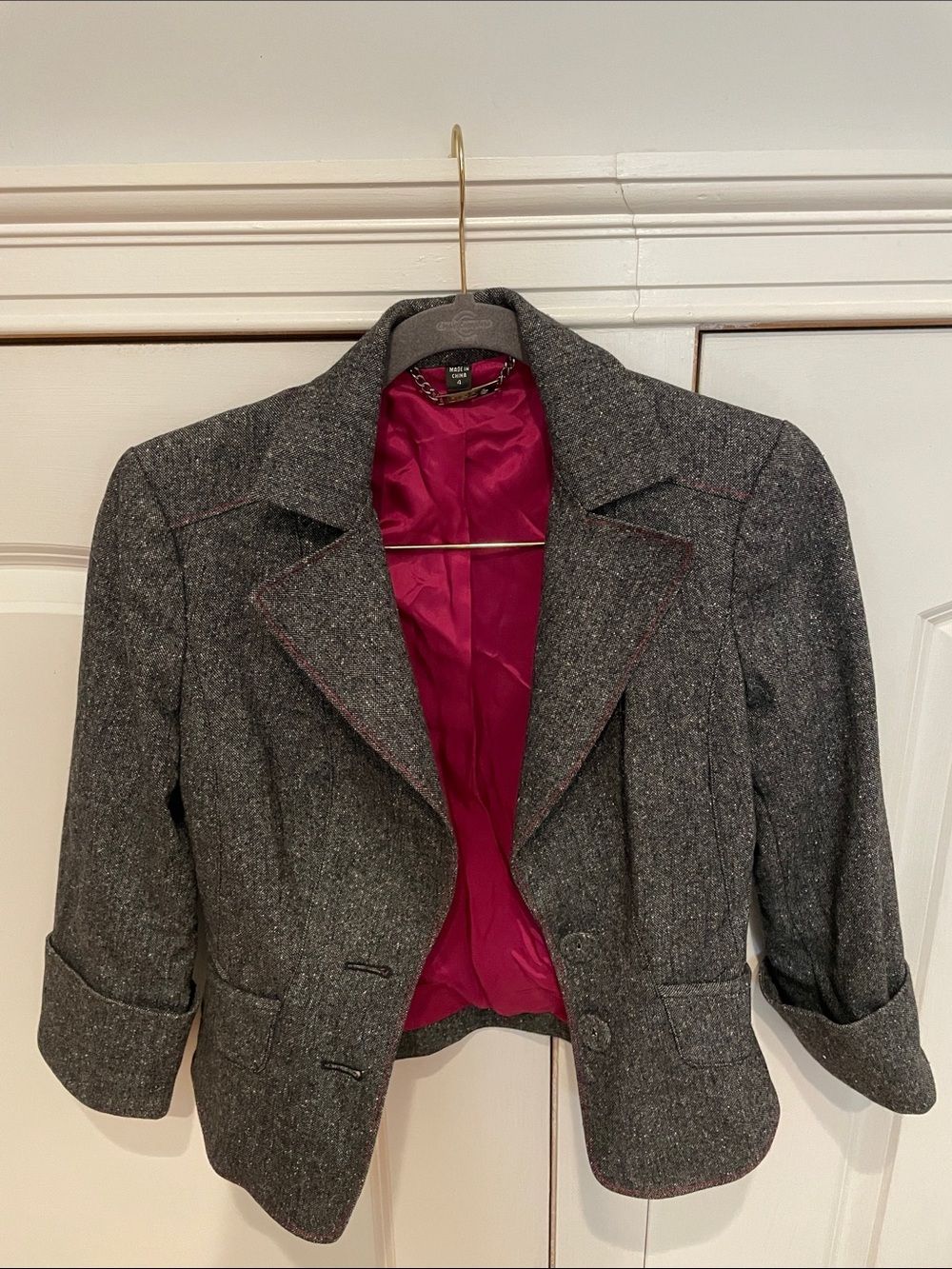 bebe Gray Tweed Blazer with Fuchsia Lining